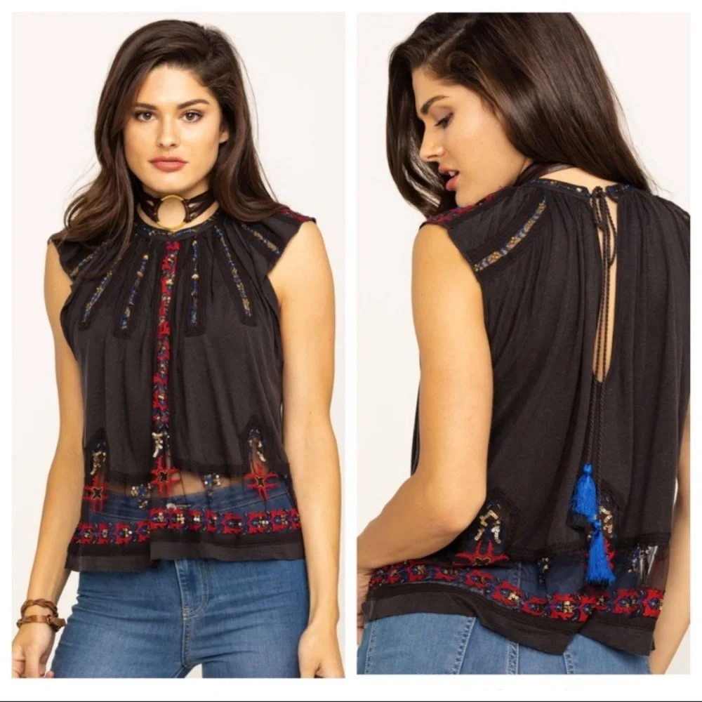 Free People Red Embroidered Sequin Sheer Panel Peasant Blouse Top w/Back Tassels - Picture 13 of 15